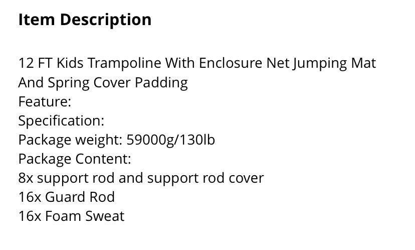 Skywalker Jump Trampoline 12 Ft Outer Netting Ladder Fedex only