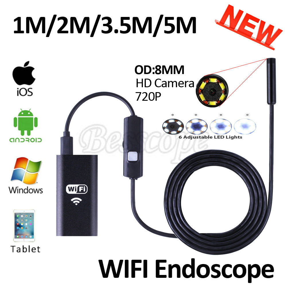 HD720P 8mm Lens WIFI Endoscope Camera 5M 3.5M 2M 1M Snake USB Iphone Android Borescope IOS Tablet Wireless Borescope  Camera
