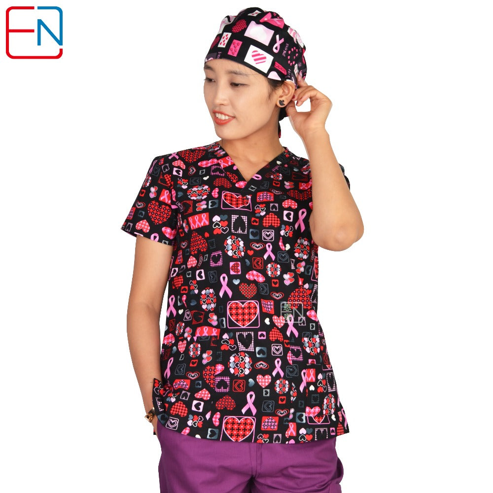 Hennar women scrub top with V neck short sleeve 100% cotton surgical scrubs top