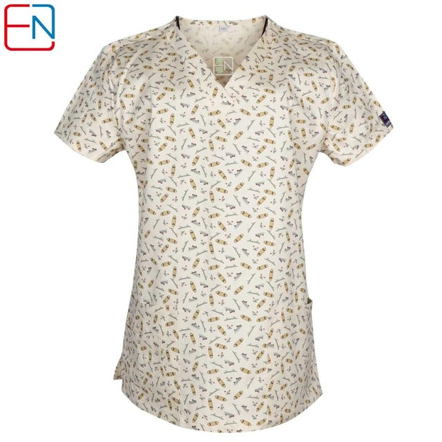 Hennar women scrub top with V neck short sleeve 100% cotton surgical scrubs top