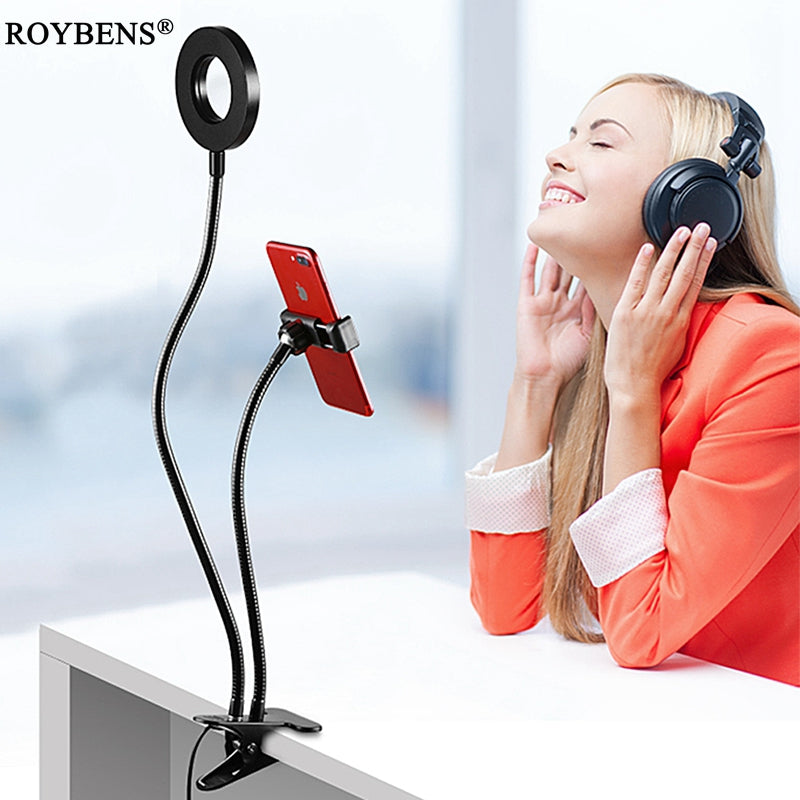 Roybens Cell Phone Holder with Selfie Ring Light for Live Stream Clip Holder Lazy Bracket Photography Ring Light For iPhone 6 7