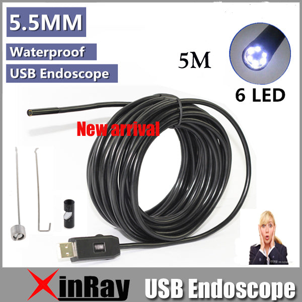 XinFly 5M USB Endoscope Inspection Camera IC5M 0.3MP 5.5MM Dia 6LED& 3Accessaries Waterproof Inspection Borescope Camera